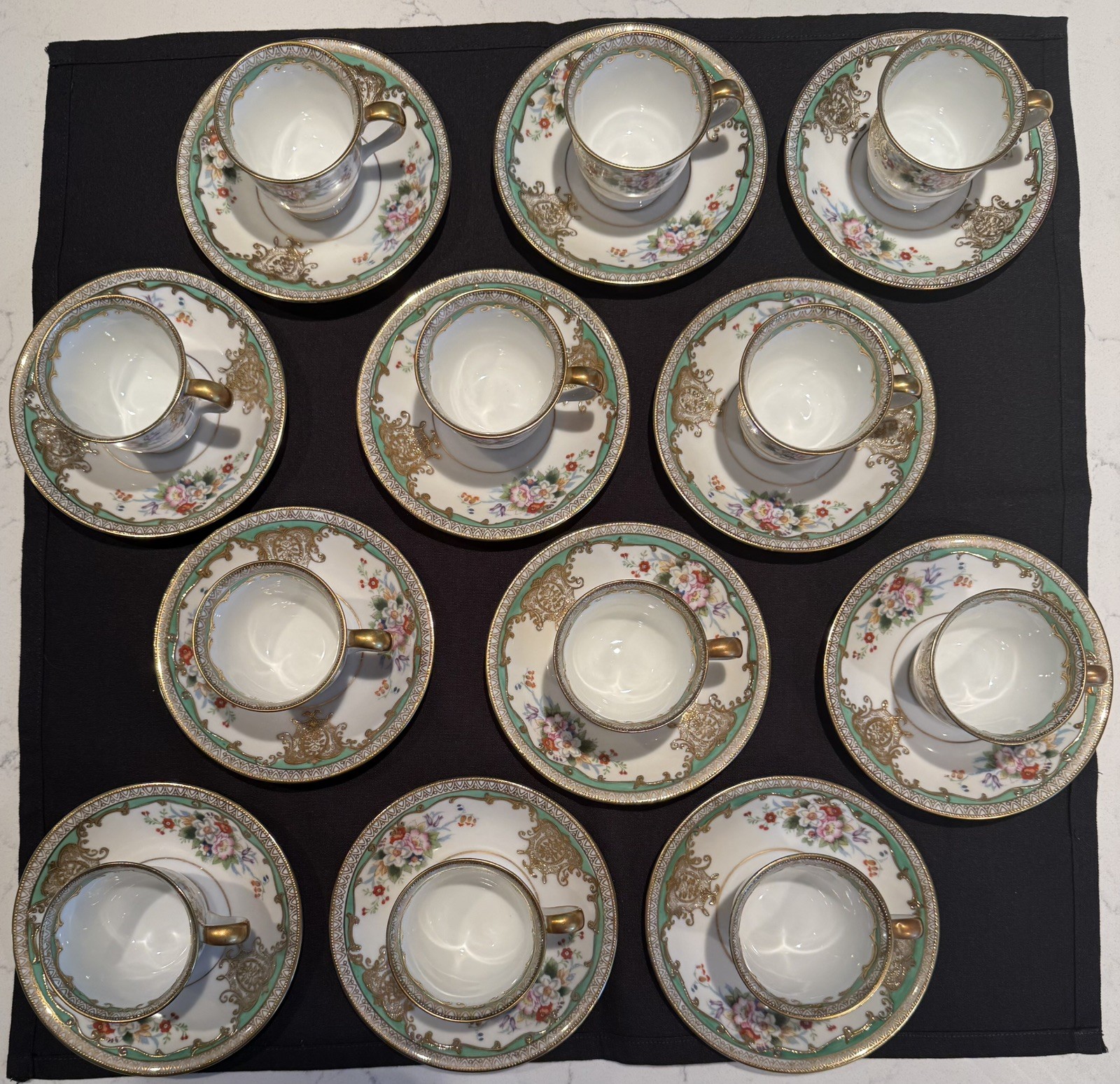 Vintage 1930s Noritake Sabina Demitasse Cups Saucers Set 12 Heavy Gold Filigree