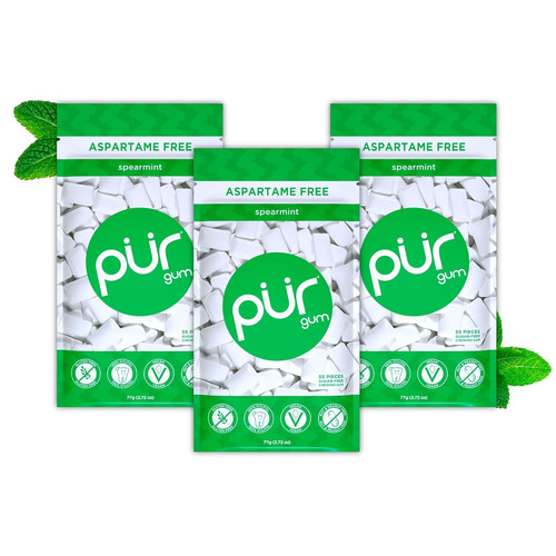 PUR Gum, Spearmint, Xylitol No Artificial Flavor, 55 Count (Pack of 3) PUR Gum, Spearmint, Xylitol No Artificial Flavor, 55 Count (Pack of 3)