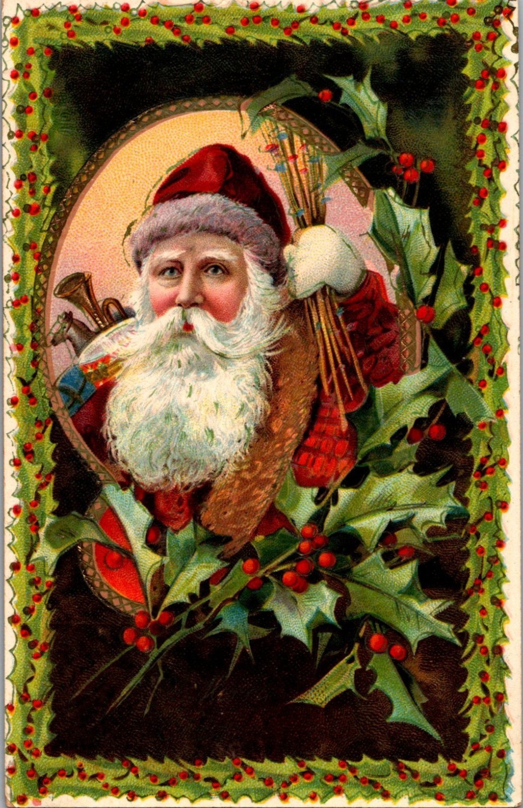 Vintage Victorian Postcard 1910 A Merry Christmas - Santa with Holly Border Vintage Victorian Postcard 1910 A Merry Christmas - Santa with Holly Border