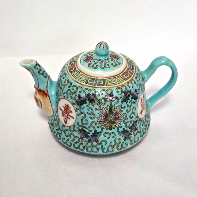 Chinese Porcelain Teapot Turquoise Floral Scroll . Pattern Longevity