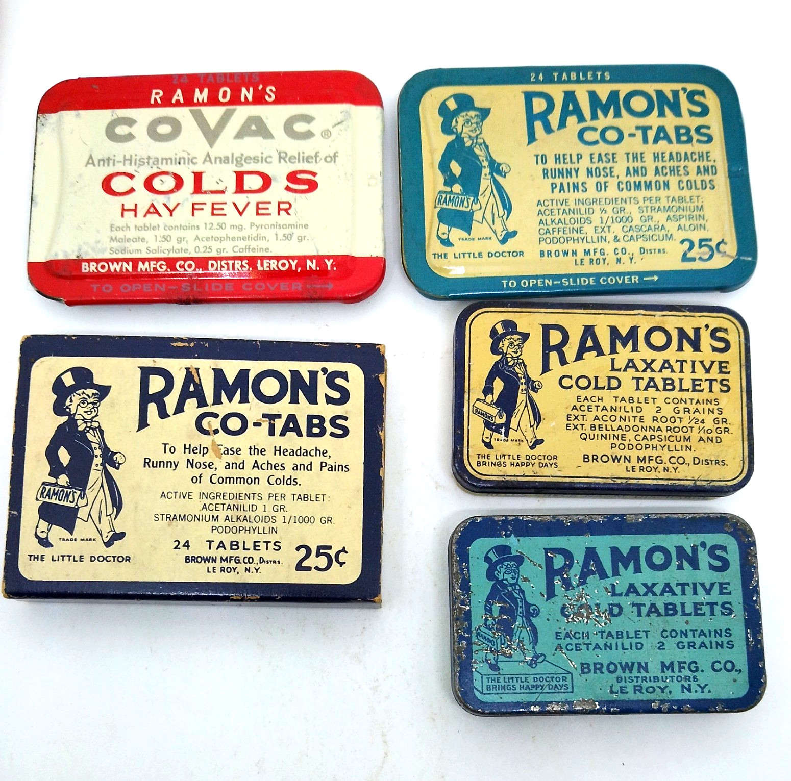 LOT of 5 different Ramon's vintage tins: 2Co-Tabs, CoVac, 2Laxative, 1cardboard