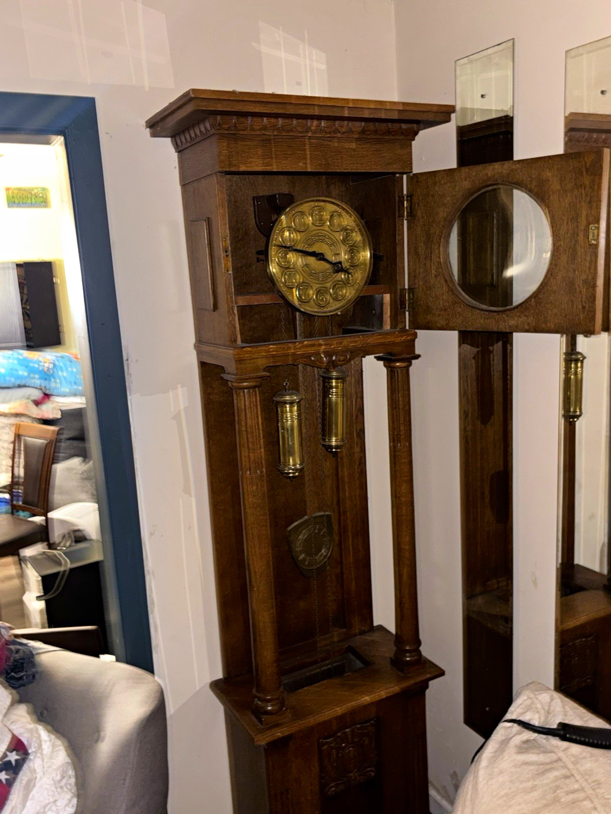 Vintage Longcase Grandfather Clock, Brown Wood Case, Brass Analog Dial, Pendulum