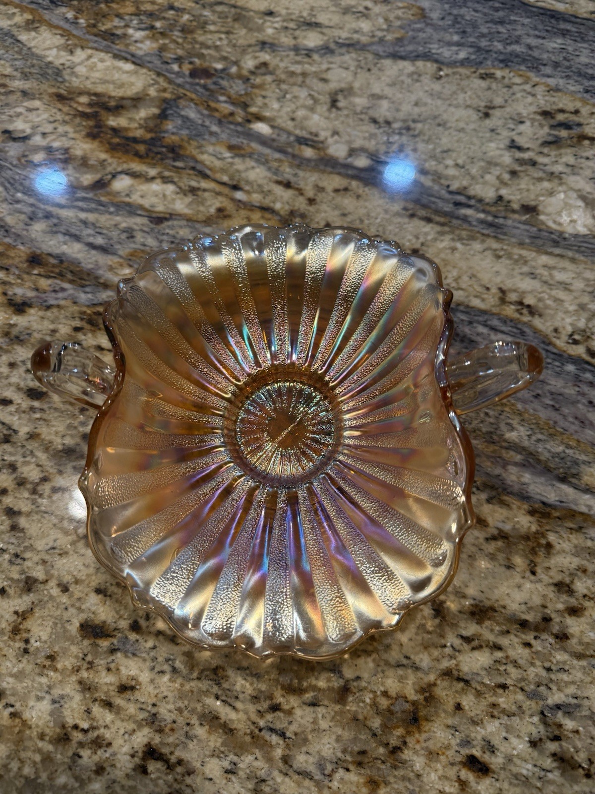 Vintage Fenton “Stipple & Rays” Marigold Carnival Glass Bonbon Or Candy Dish