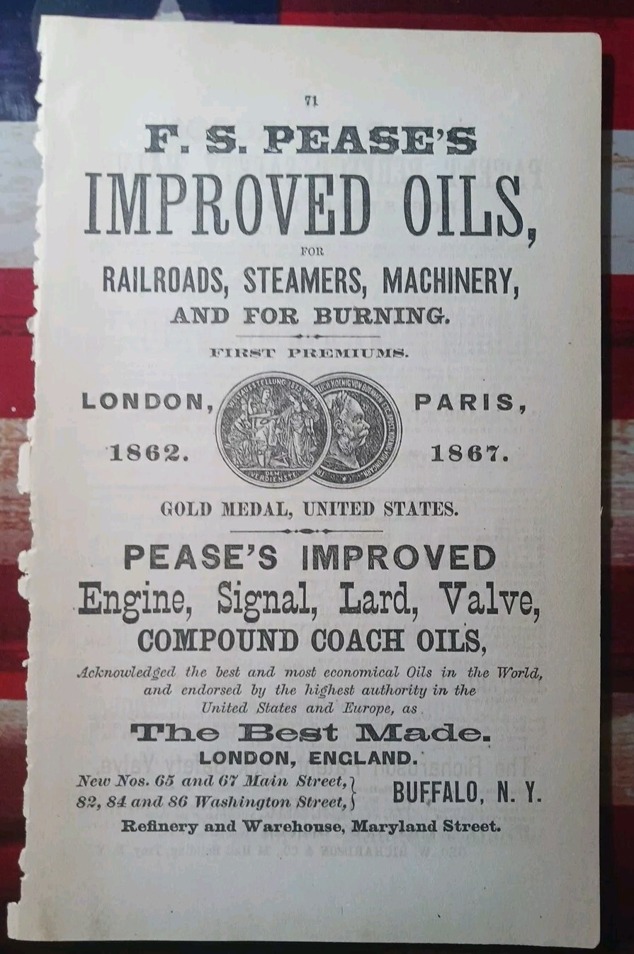 1874 railroad Advertising F. S. PEASE\'S IMPROVED OILS Buffalo NY Engine RR Oil 