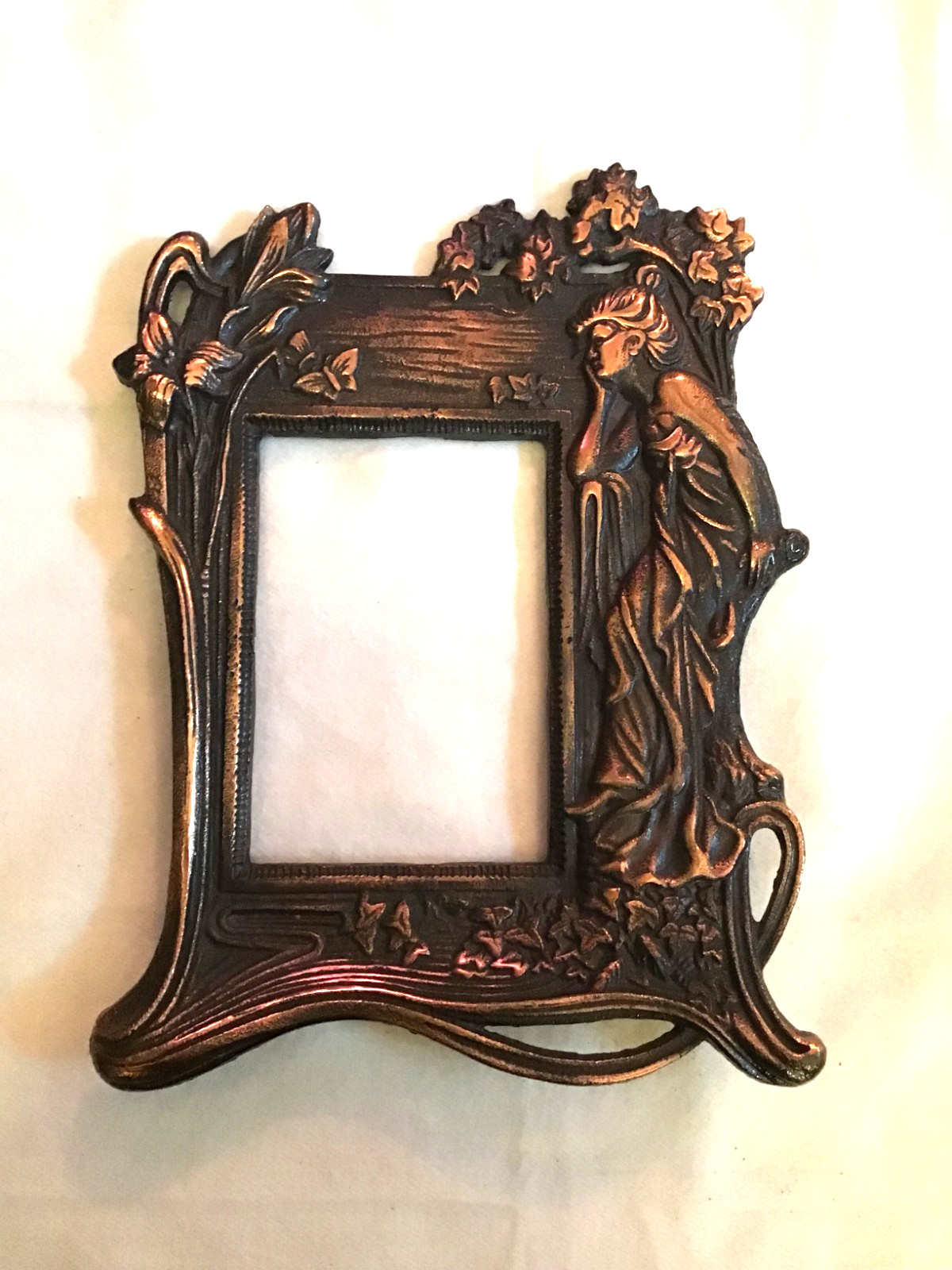 Antique Art Nouveau Brass Fin. Repousse Lady Woman Figure Picture Frame Fits 4x6