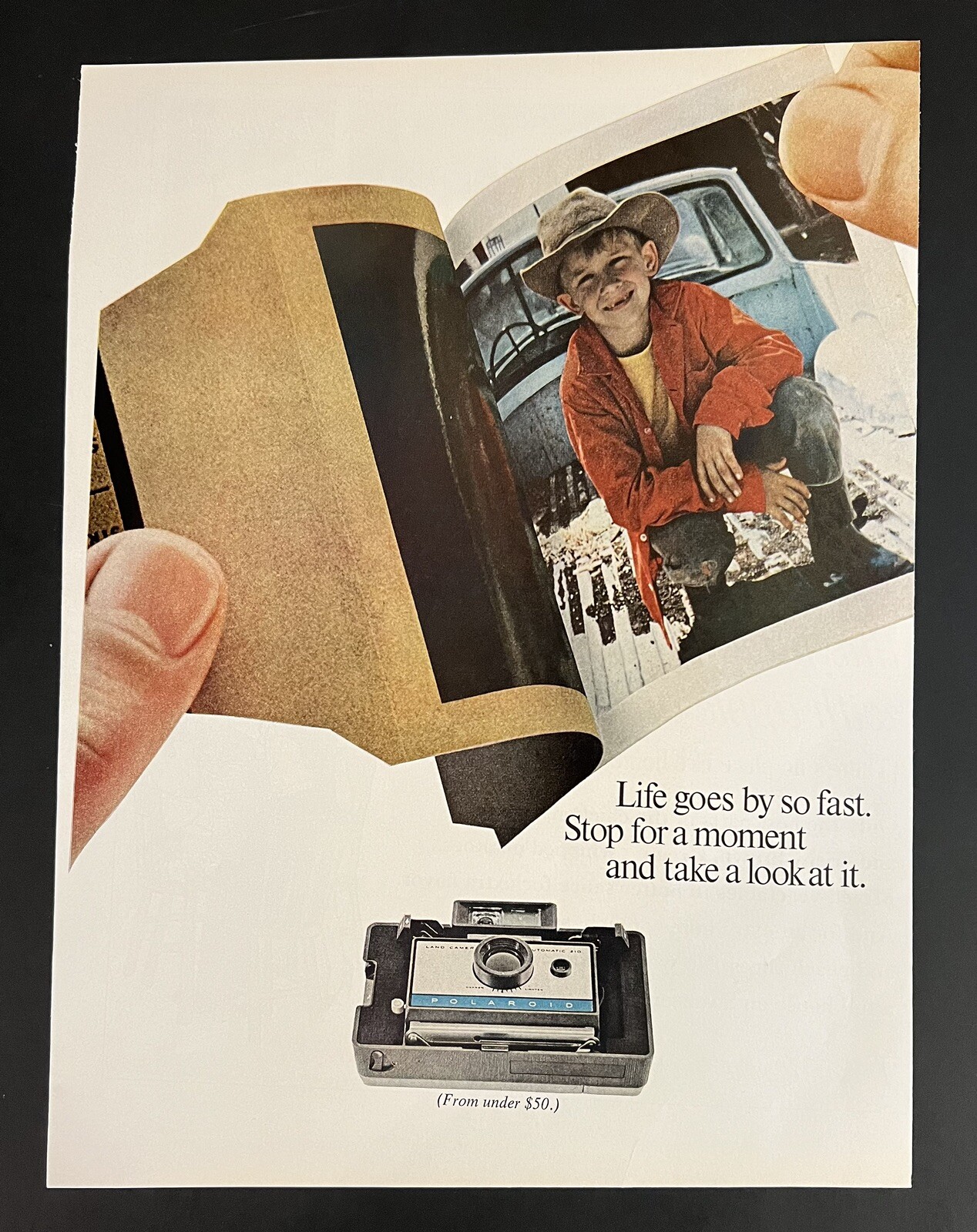 Polaroid 1967 Life Print Add 13x11 Boy Cowboy Hat Blue Jeans Pickup Truck
