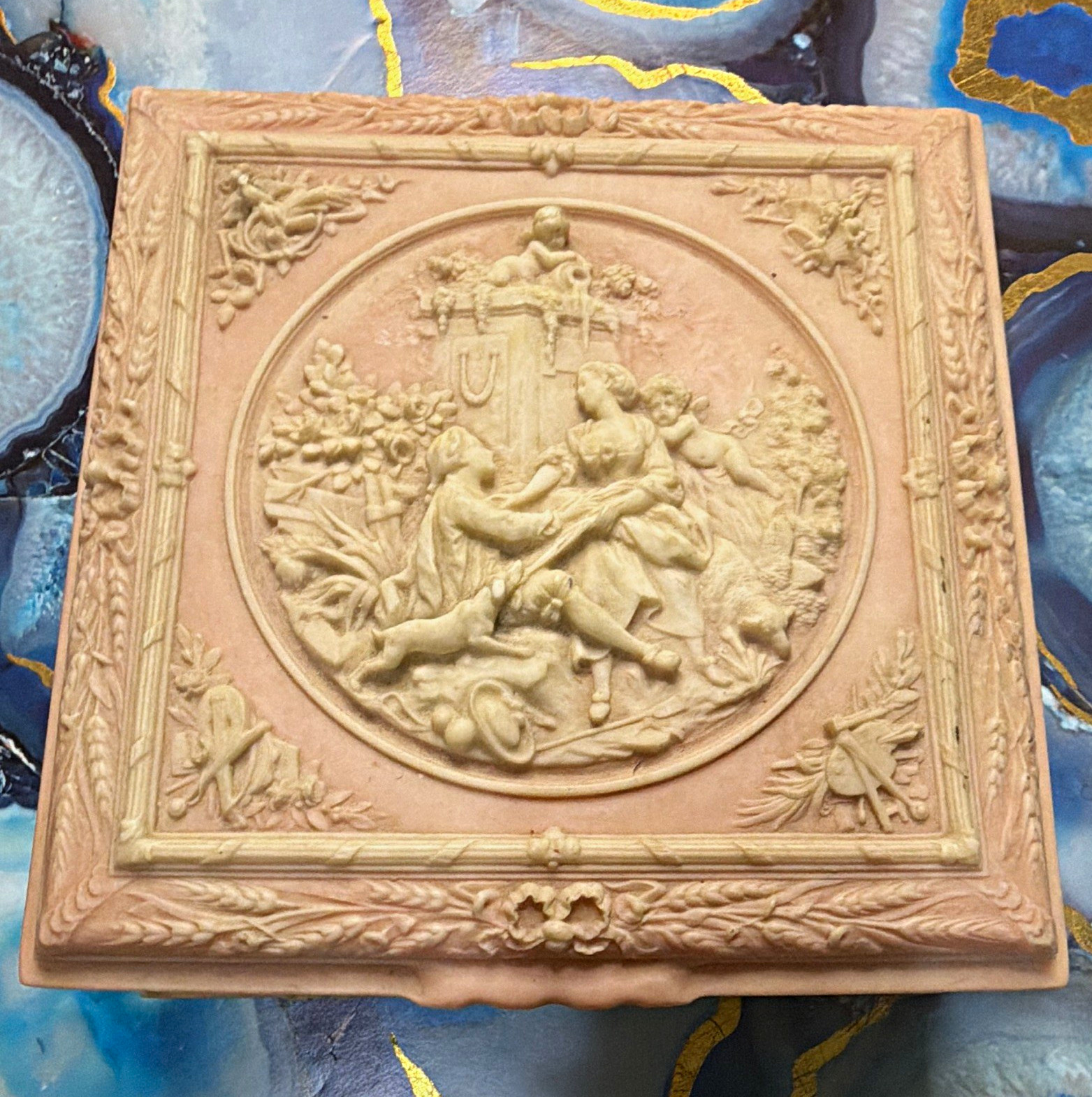 Genuine Incolay Stone Handcrafted USA Ornate Trinket Jewelry Box Relief Figures