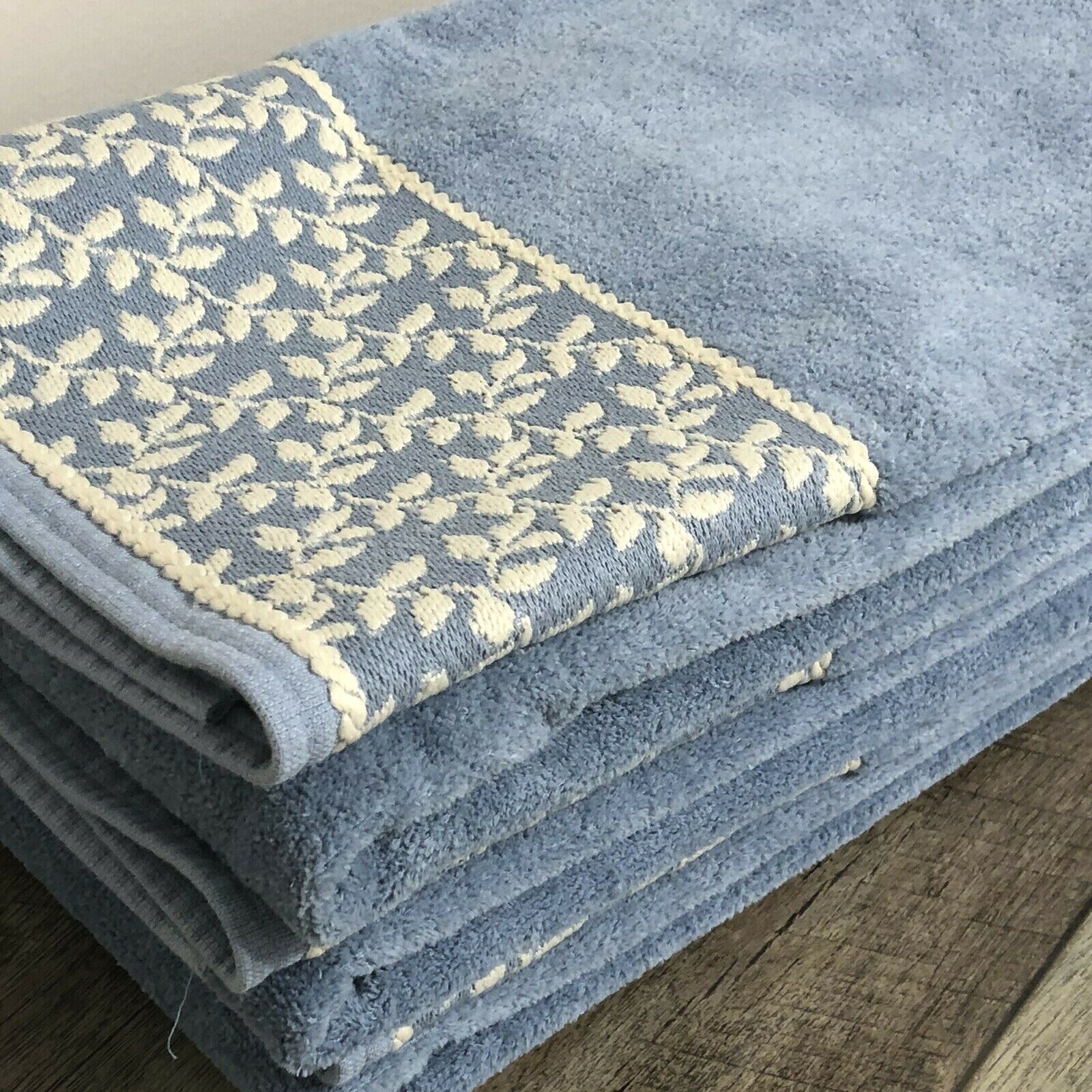 MARTEX (3) Bath Towel Blue Cotton Embroidered Leaf Border 48x26.5\