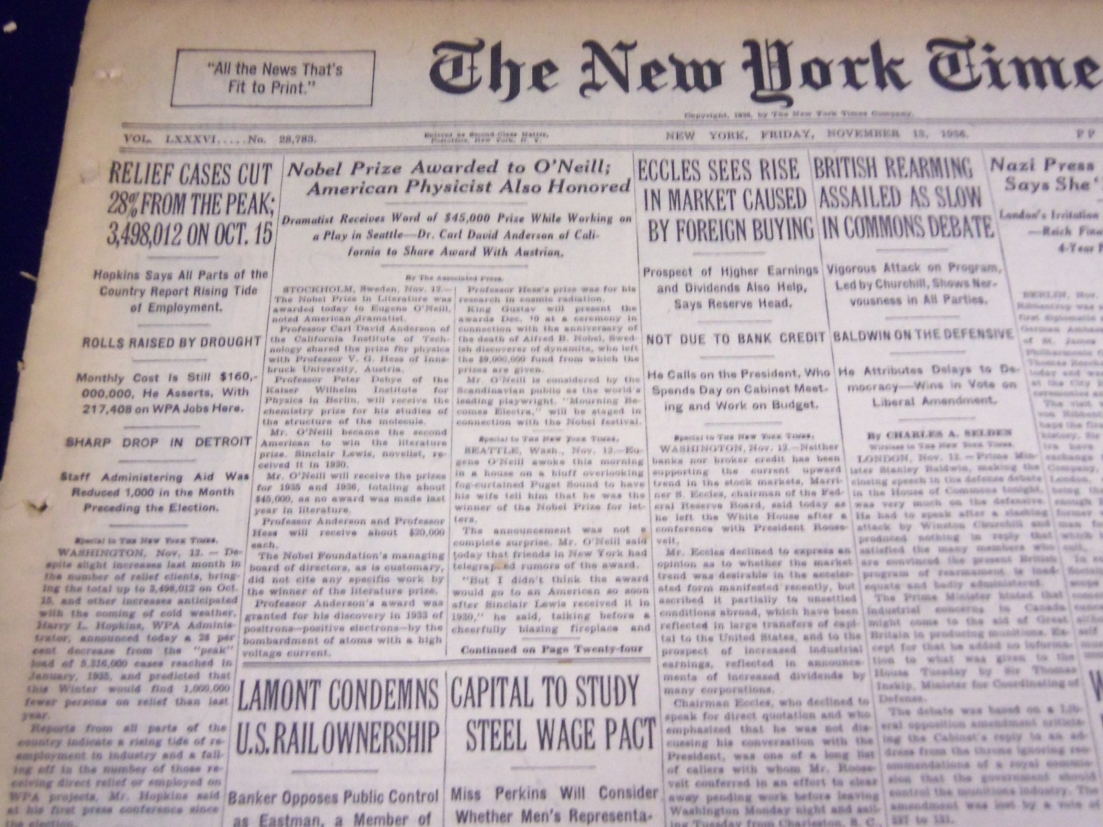 1936 NOV 13 NEW YORK TIMES - EUGENE O'NEILL WINS NOVEL PRIZE - NT 2134 1936 NOV 13 NEW YORK TIMES - EUGENE O'NEILL WINS NOVEL PRIZE - NT 2134