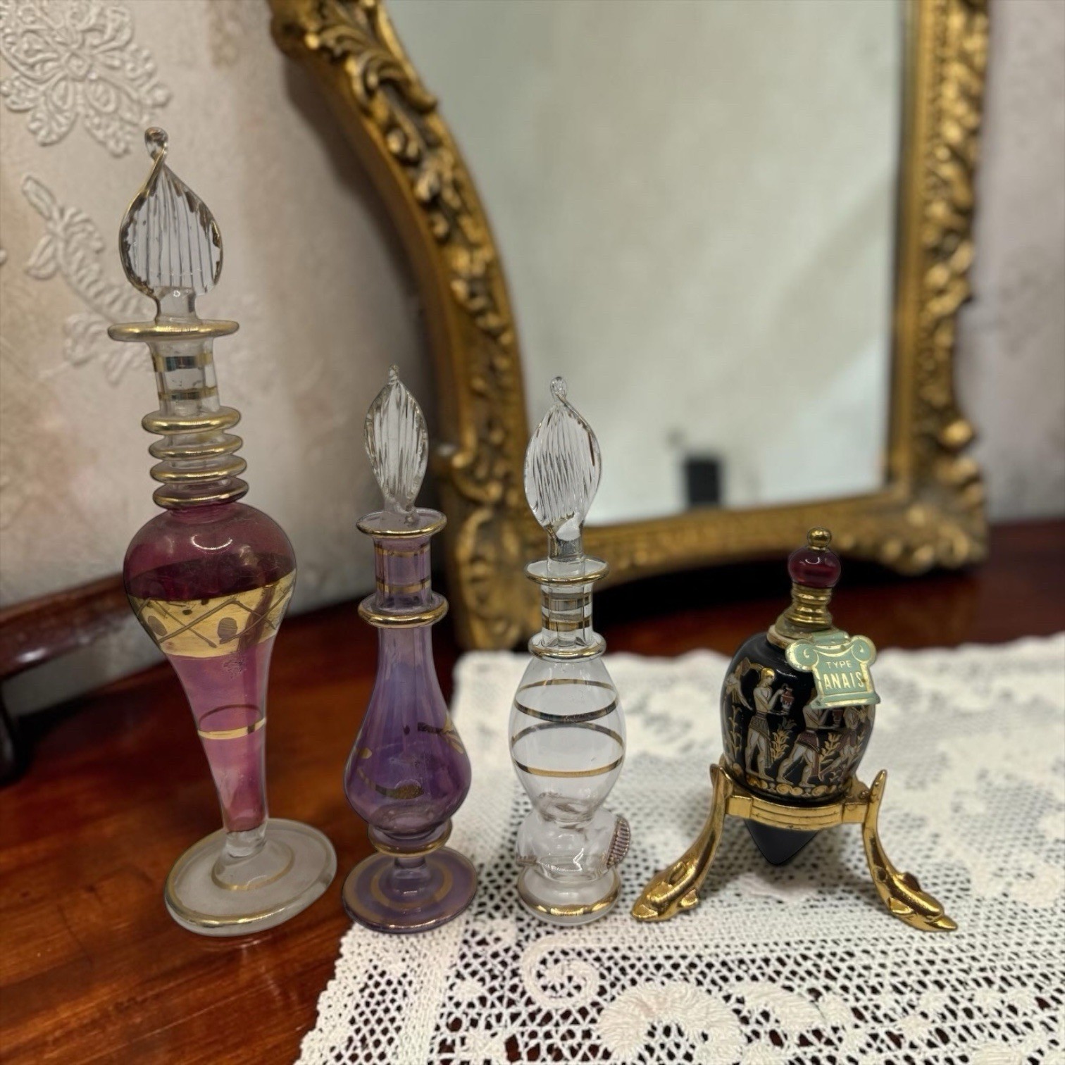 VTG (3) Royal Limited Egyptian Perfume Bottles Hand Blown Glass W/Stoppers RARE