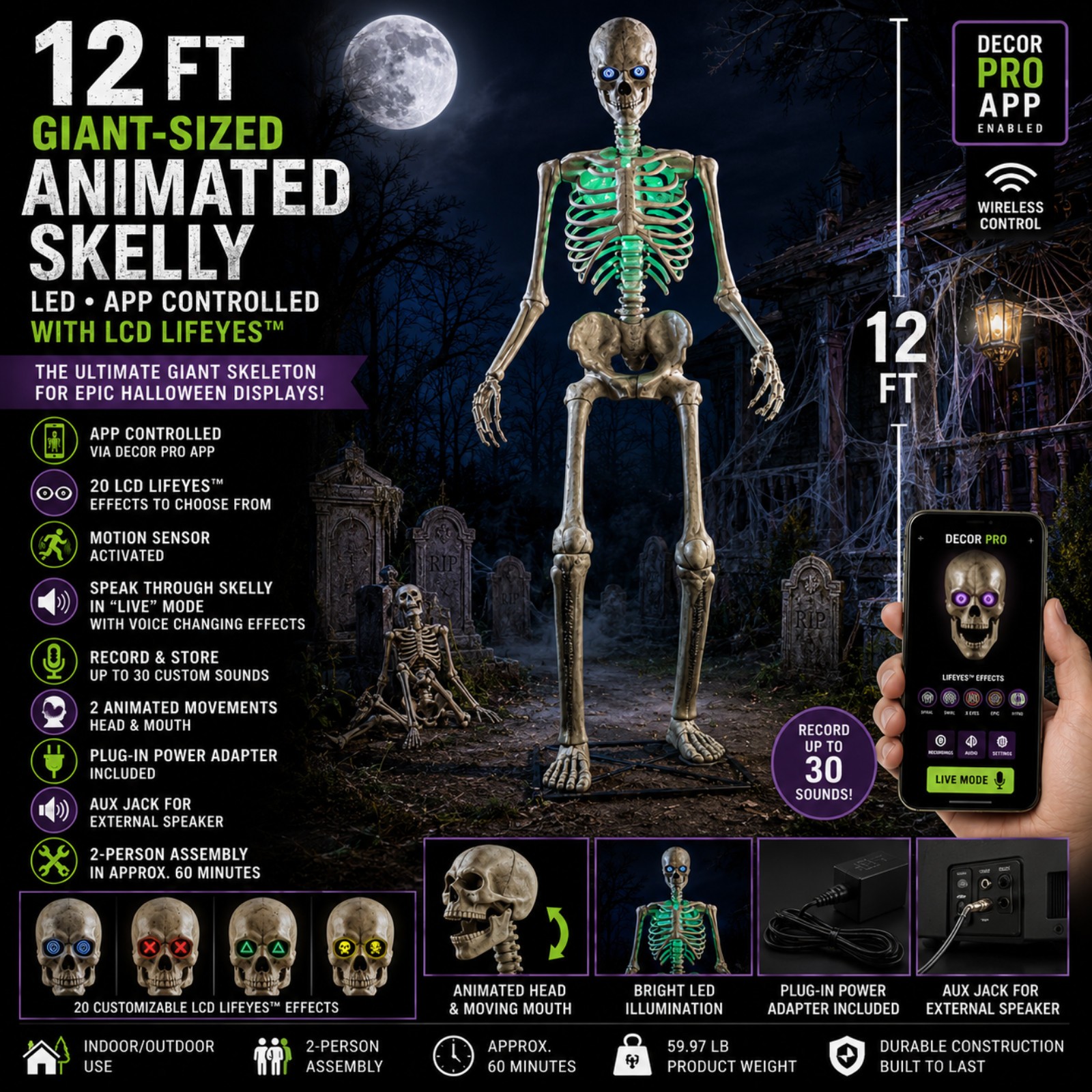 12FT Animated LED Skelly Halloween Skeleton App Controlled LifeEyes Yard Decor