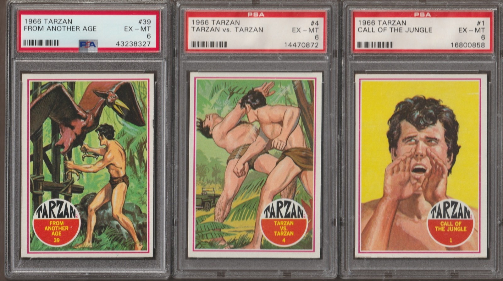(3 CARD LOT)  1966 TARZAN CARDS 1, 4, 39 - PSA 6 -  CALL OF THE JUNGLE - RARE #1
