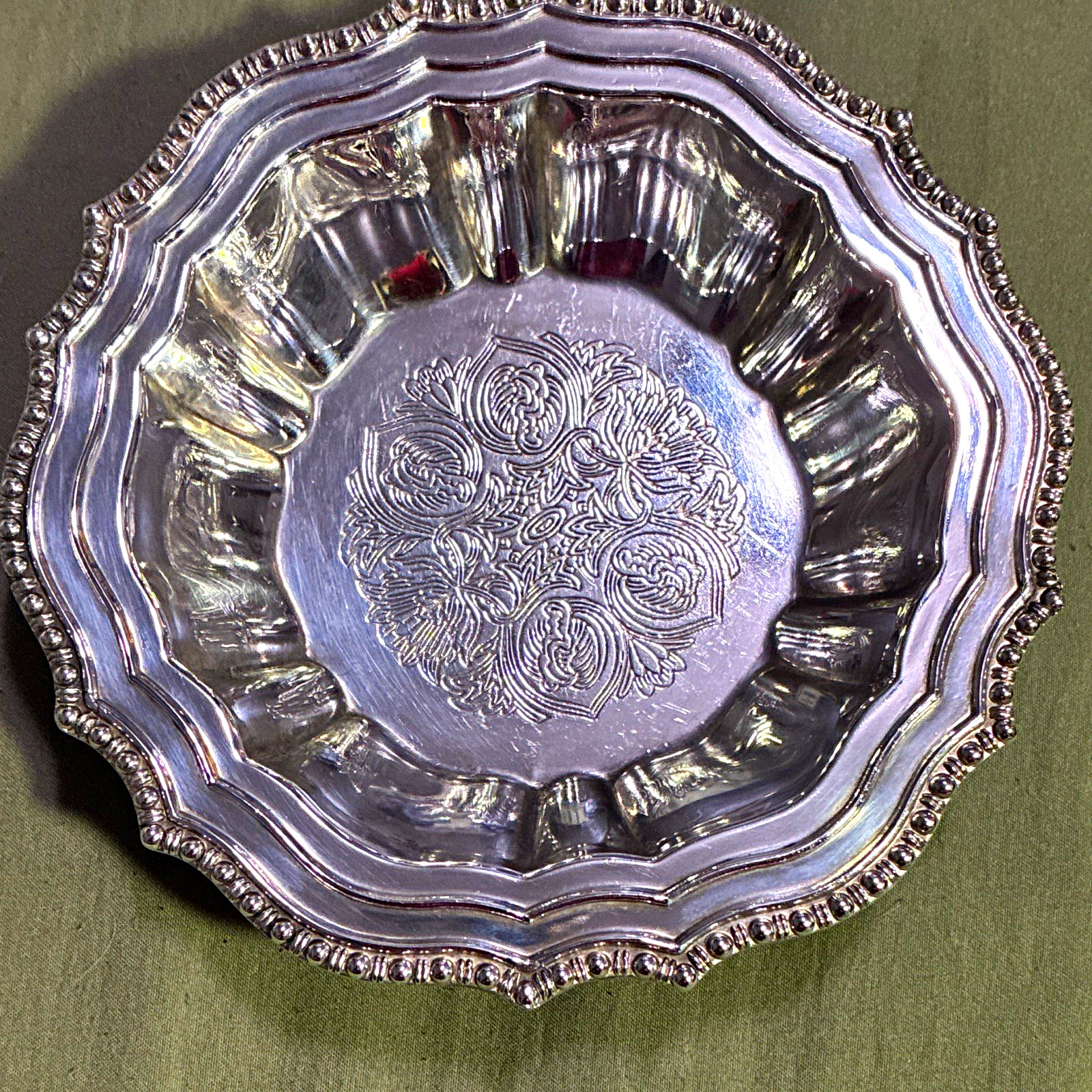 Avon Silverplate Italy Scalloped Floral Engraved Silver Plate Dish