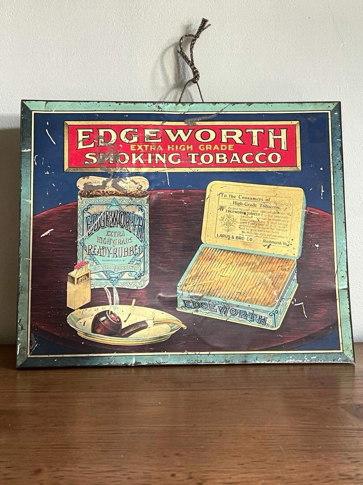 Vintage Edgeworth Smoking Tobacco Tin Over Cardboard Sign Antique 11x9 