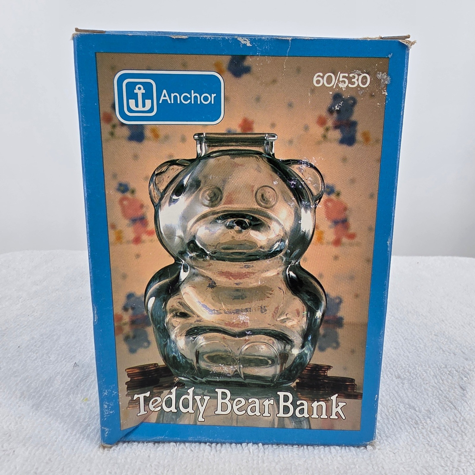 Anchor Hocking Vintage Teddy Bear Glass Coin Bank 60/530 Clear 6in Made in USA Anchor Hocking Vintage Teddy Bear Glass Coin Bank 60/530 Clear 6in Made in USA