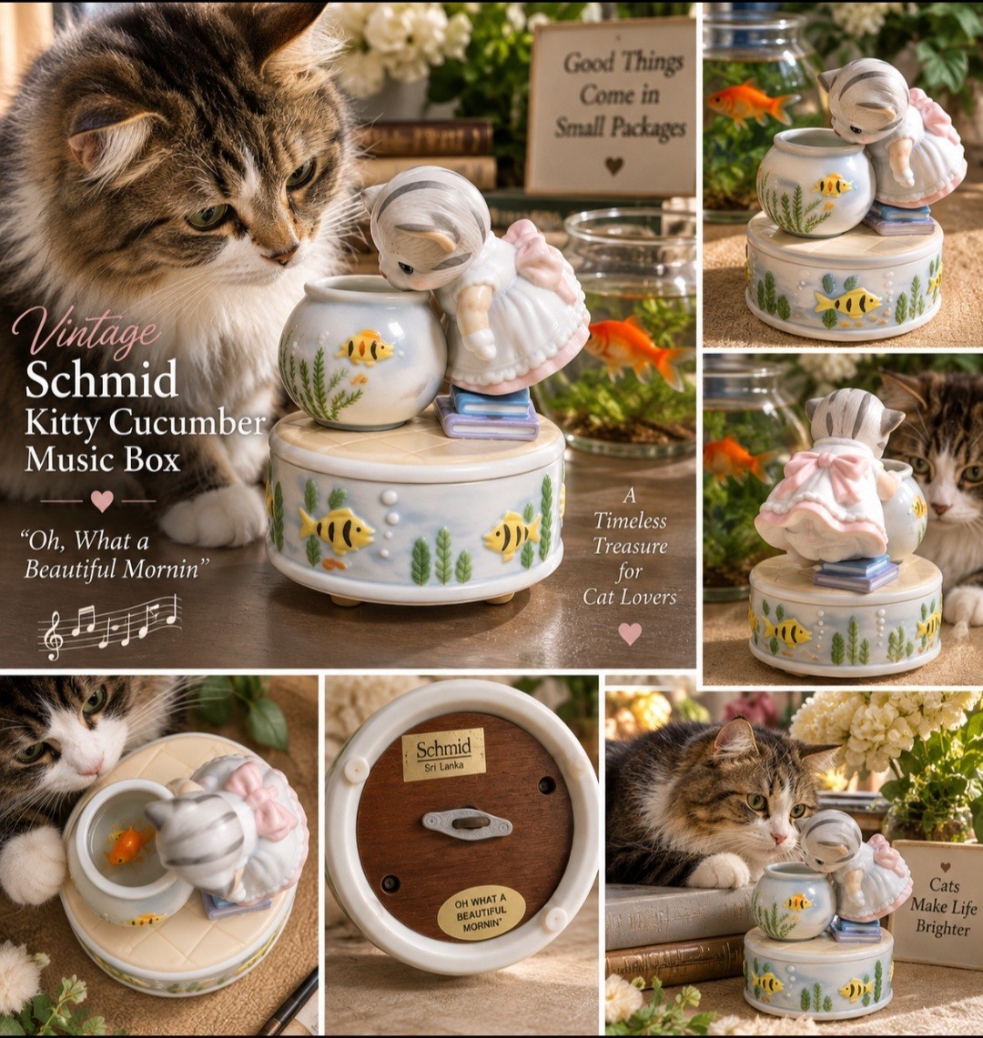 Vintage Schmid Kitty Cucumber Fish Bowl Music Box Ceramic Works 5.5\