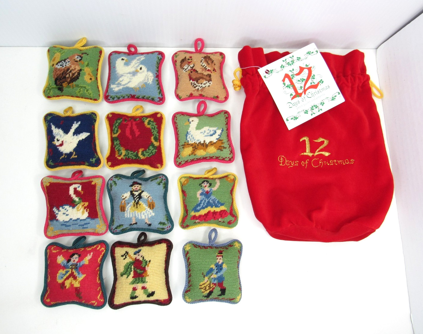 Vtg RARE Two's Company 12 Days of Christmas Needlepoint Pillow Ornaments + Bag