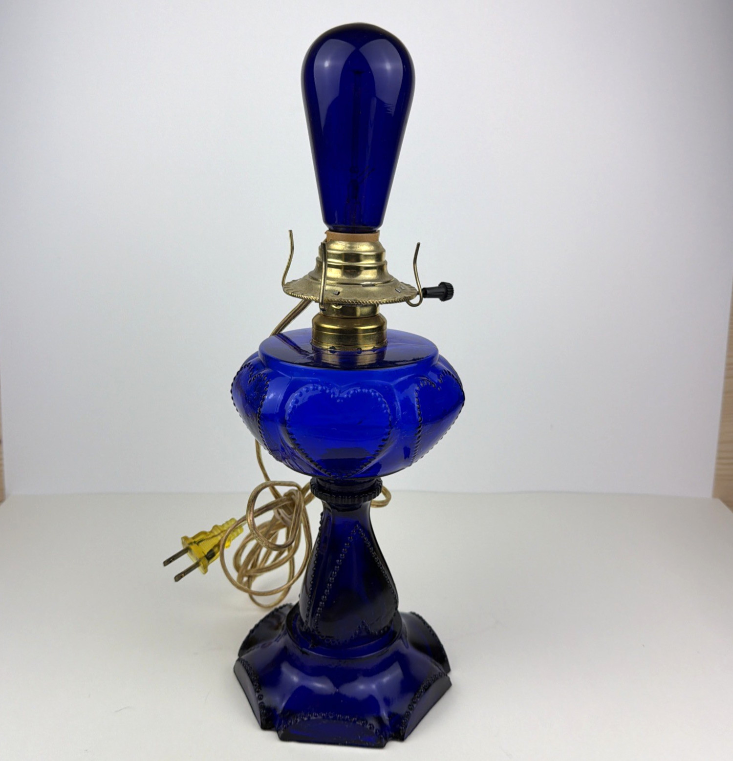 Vintage Cobalt Blue Glass Oil Lamp Electric Conversion Sweetheart Beaded Heart