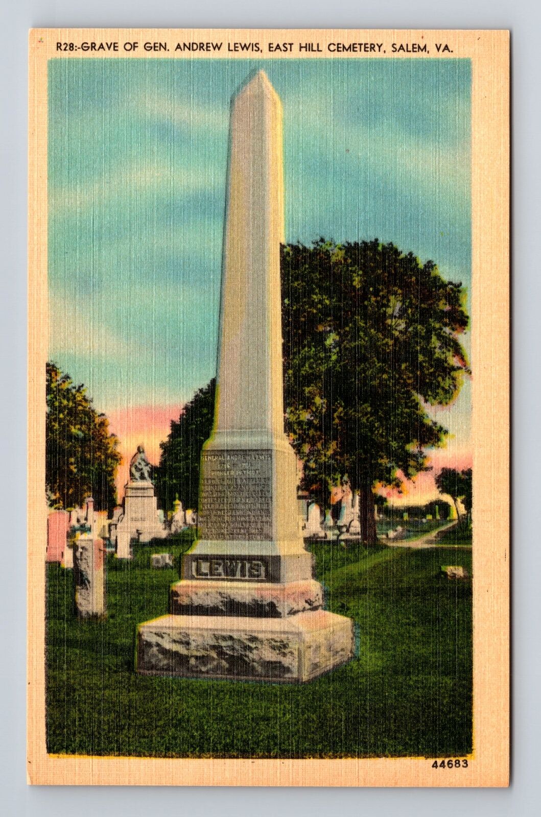 Salem VA-Virginia, East Hill Cemetery Grave Gen Andrew Lewis Vintage Postcard