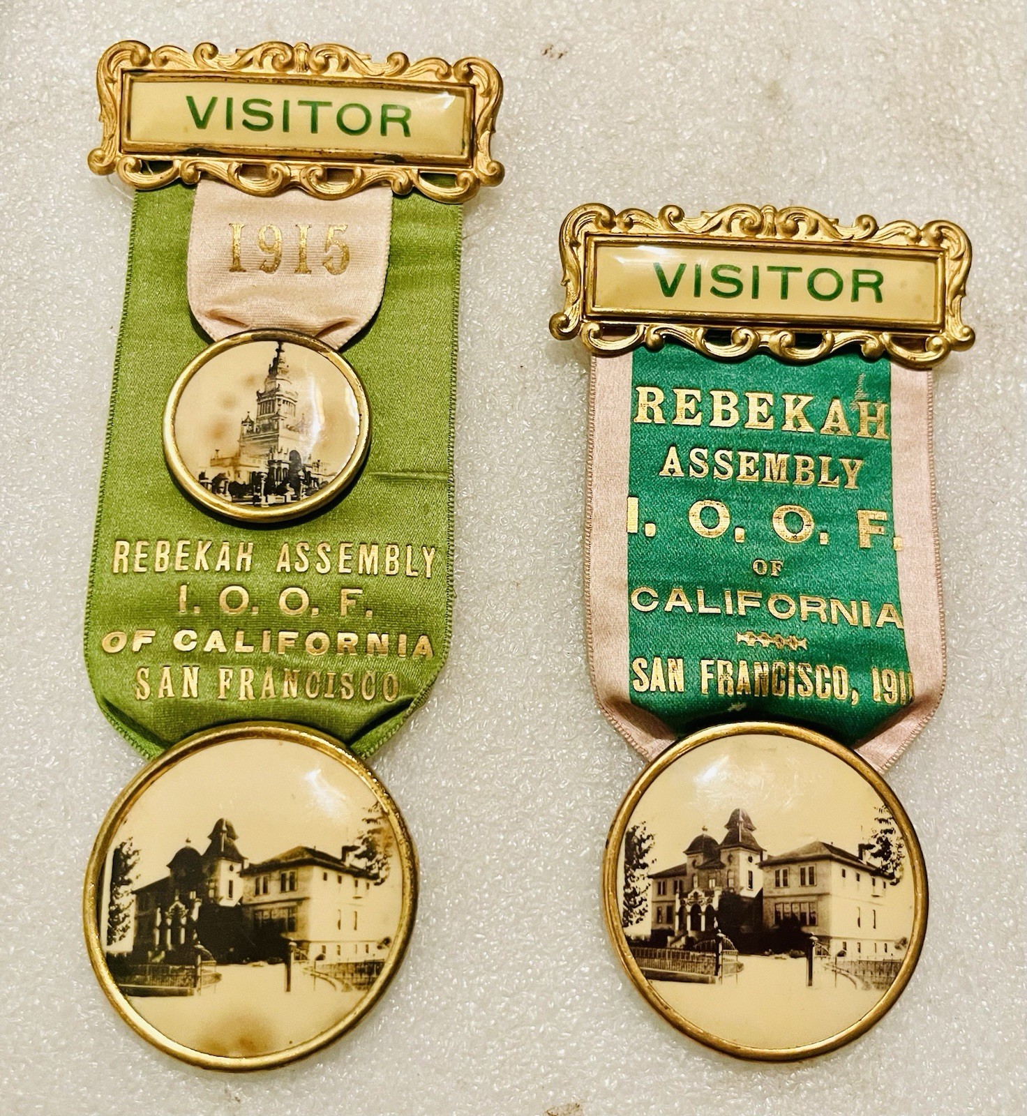 2 Antique 1911 1915 Rebekah Assembly IOOF Visitor Ribbon Badge San Francisco Ca