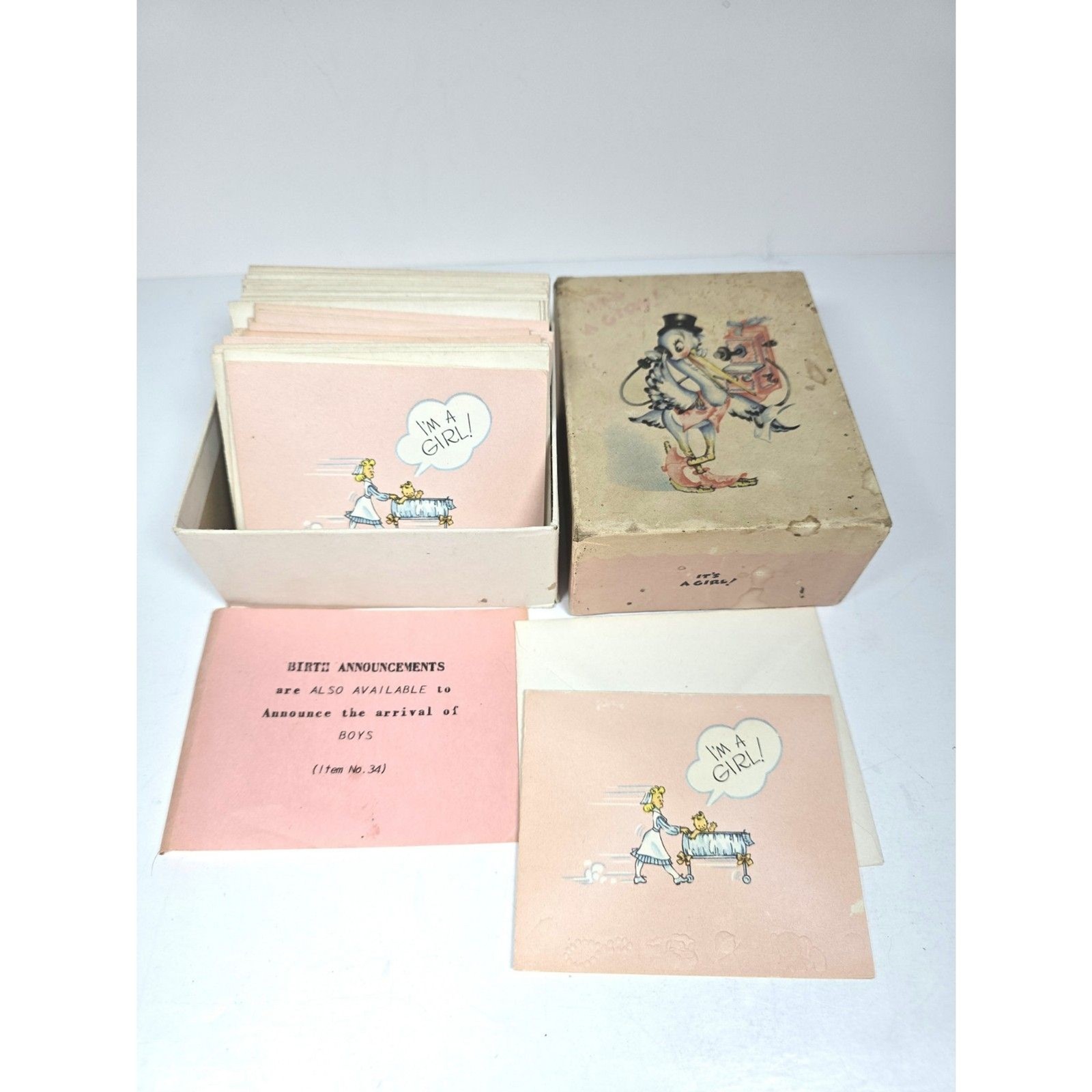 Vintage MCM I\'m A Girl Birth Announcements Box Set 17 Cards Stork
