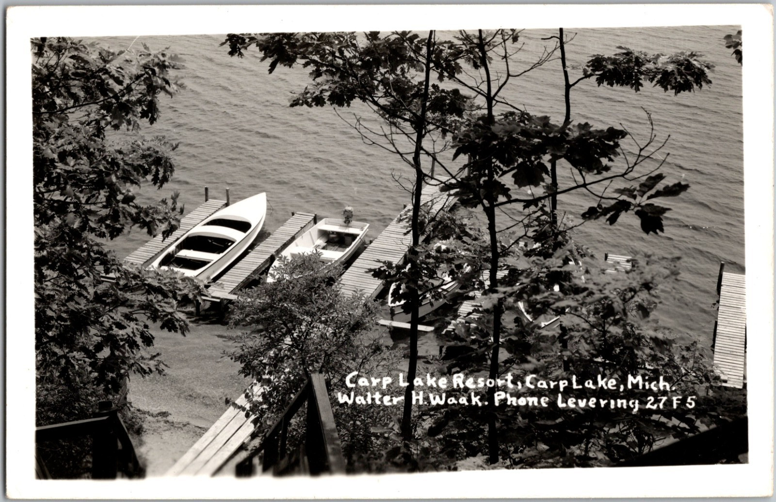 Vintage Carp Lake Resort RPPC Postcard Michigan Walter H Waak Boats Levering MN