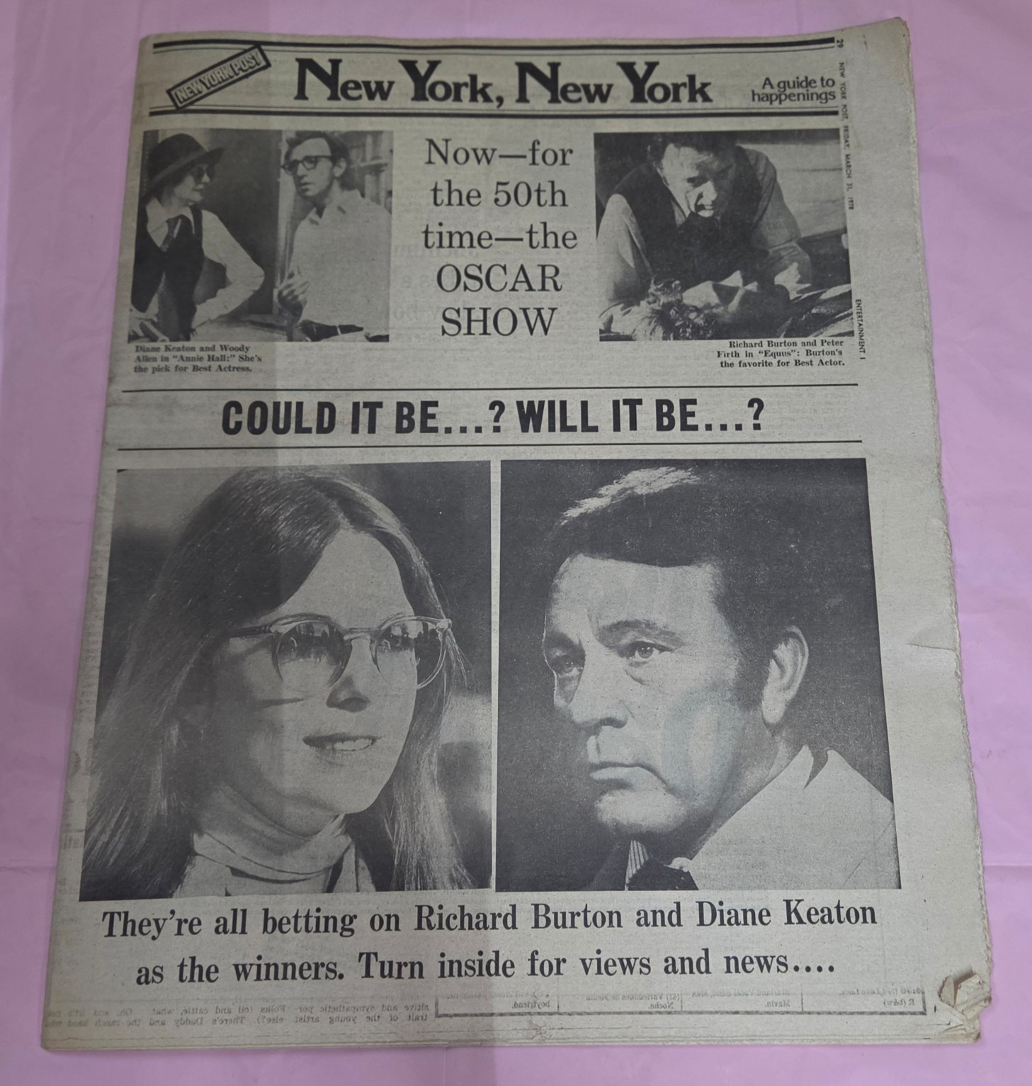 Vintage NY Post March 31 1978 Oscar Awards Diane Keaton Richard Burton Newspaper