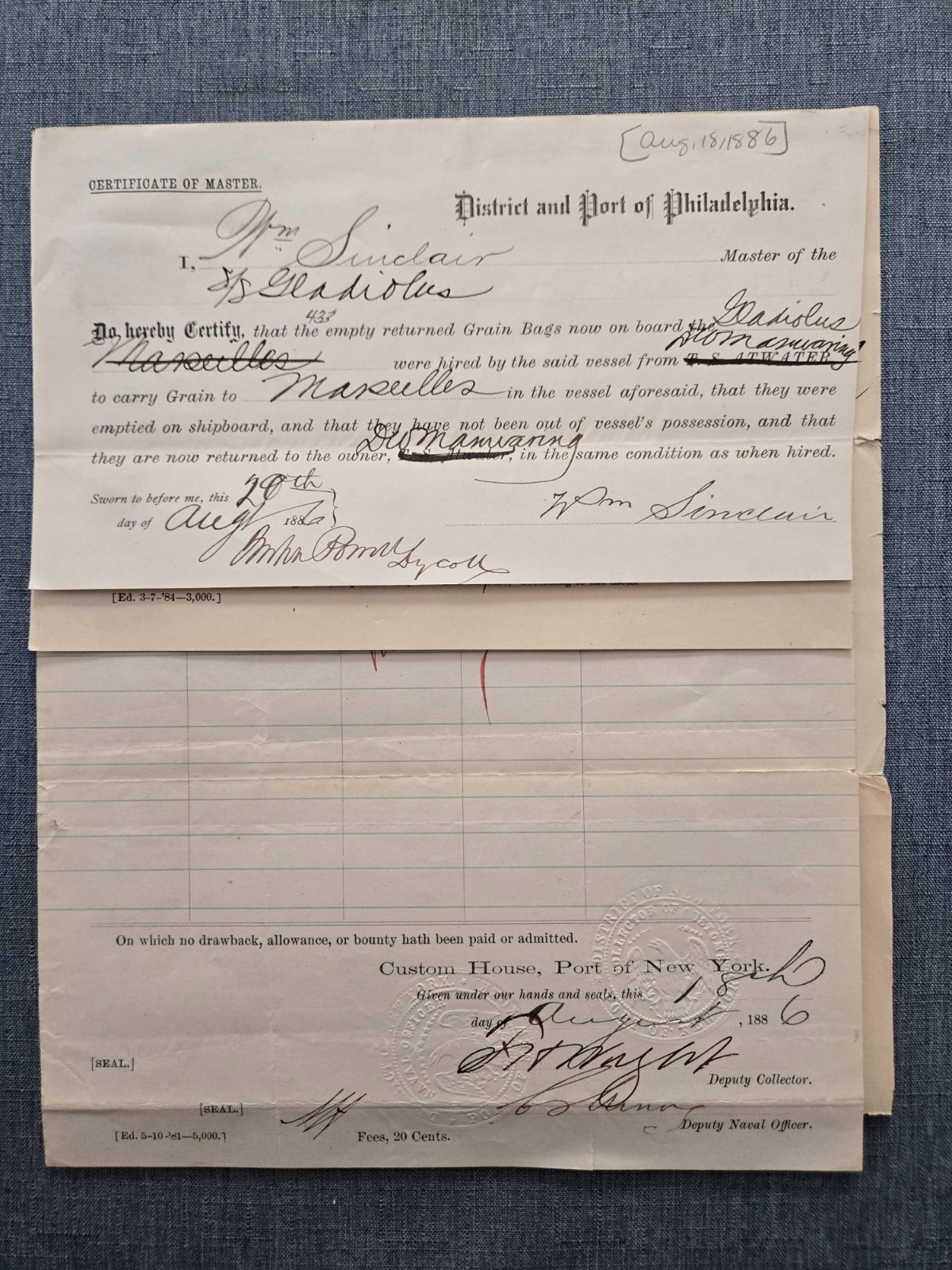 Antique 1886 Maritime Customs Document Lot Philadelphia New York SS Gladiolus