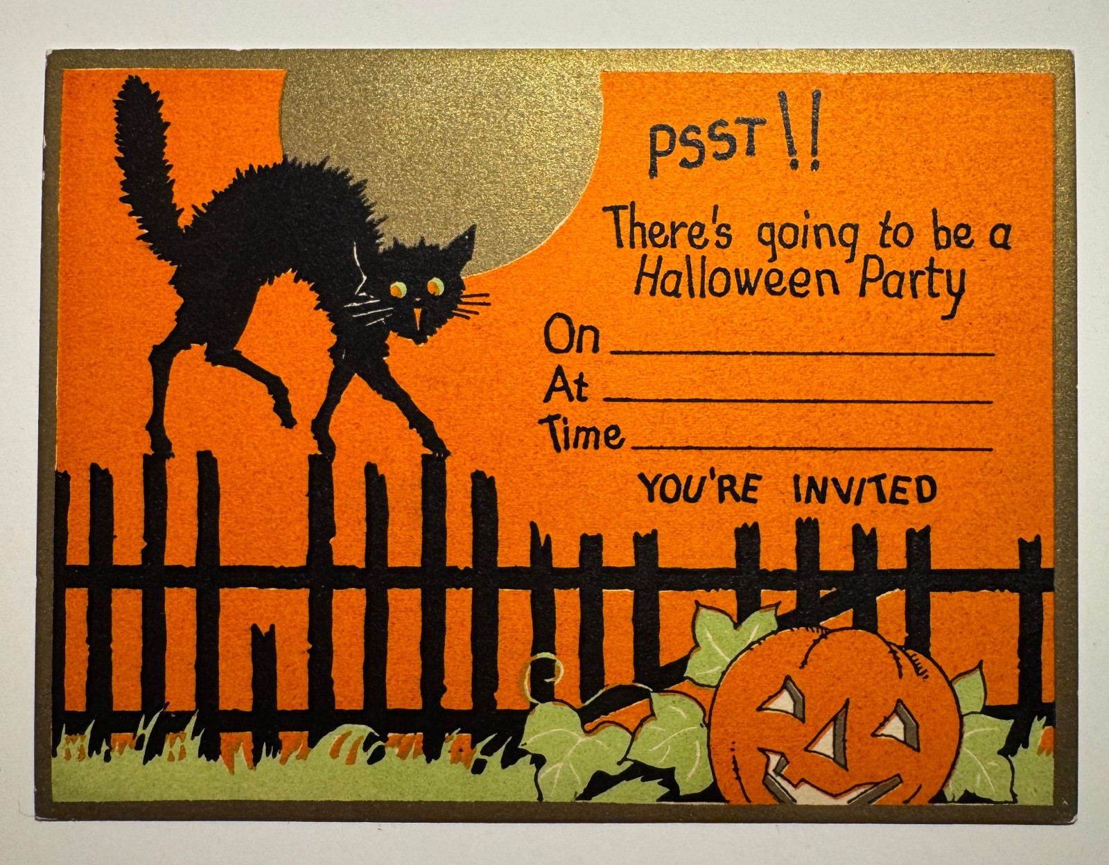 Vintage 1930’s Halloween Party Invitation Black Cat Fence JOL Pumpkin Gibson ?