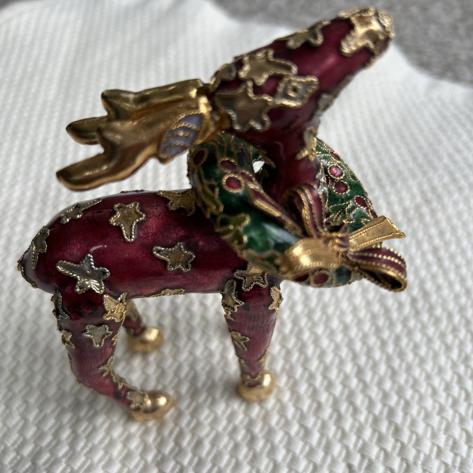 NYCO Vtg Cloisonne Enamel Maroon Gold Holiday Christmas Reindeer Figurine Rare NYCO Vtg Cloisonne Enamel Maroon Gold Holiday Christmas Reindeer Figurine Rare