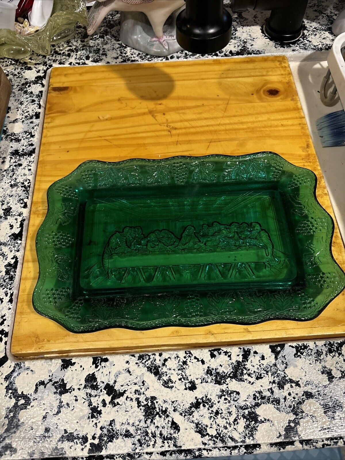 Vintage Indiana Glass Last Supper Plate Tray Teal Spruce Green 11”x7”