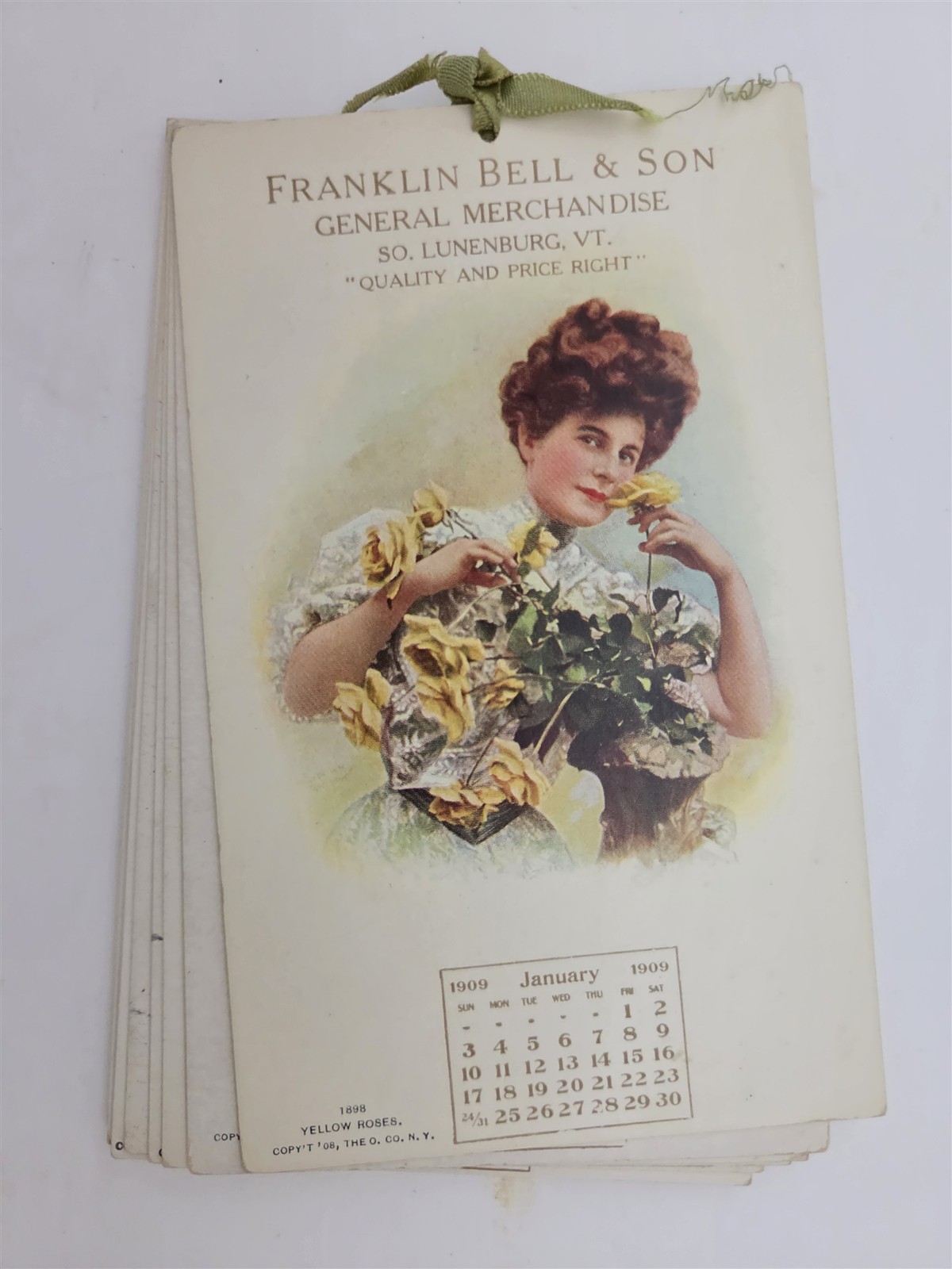 1909 antique FRANKLIN BELL & SON s. lunenburg vt GEN MERCH ad POSTCARD CALENDAR