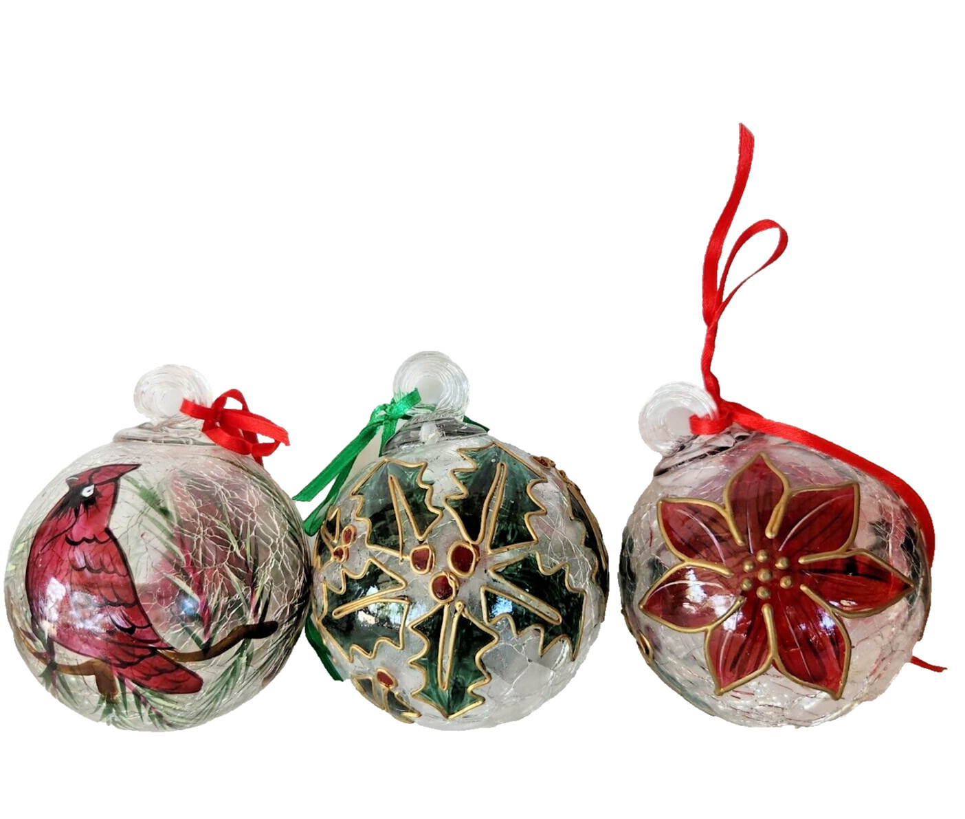 Vintage Celebrations Christmas Holliday Crackled Glass Ball Ornaments 3-Set 3.5\