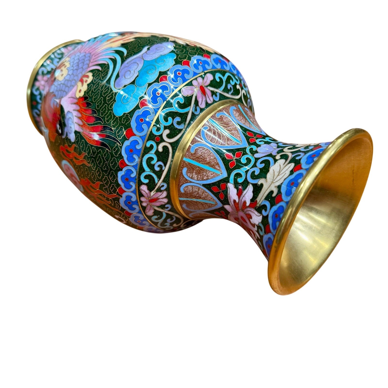 Vintage Chinese Cloisonne Enamel Dragon and Phoenix Vase Green Brass 8 Inch