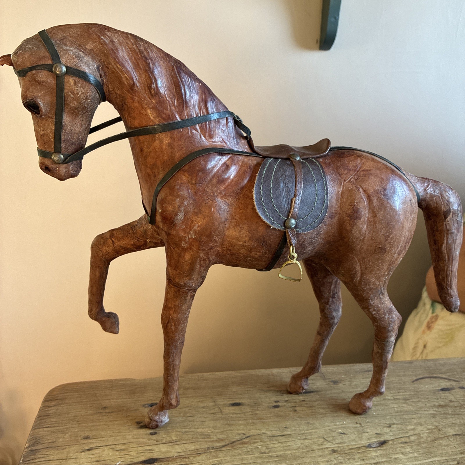 Vintage Leather Wrapped Horse Statue. Brown Equestrian Figurine With Saddle 30cm