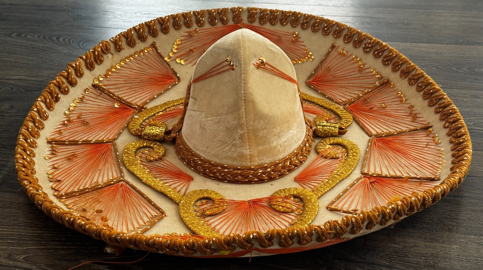Vintage Pigalle XXXXX Mexican Sombrero Charro Hat Orange Gold Embroidery Velvet