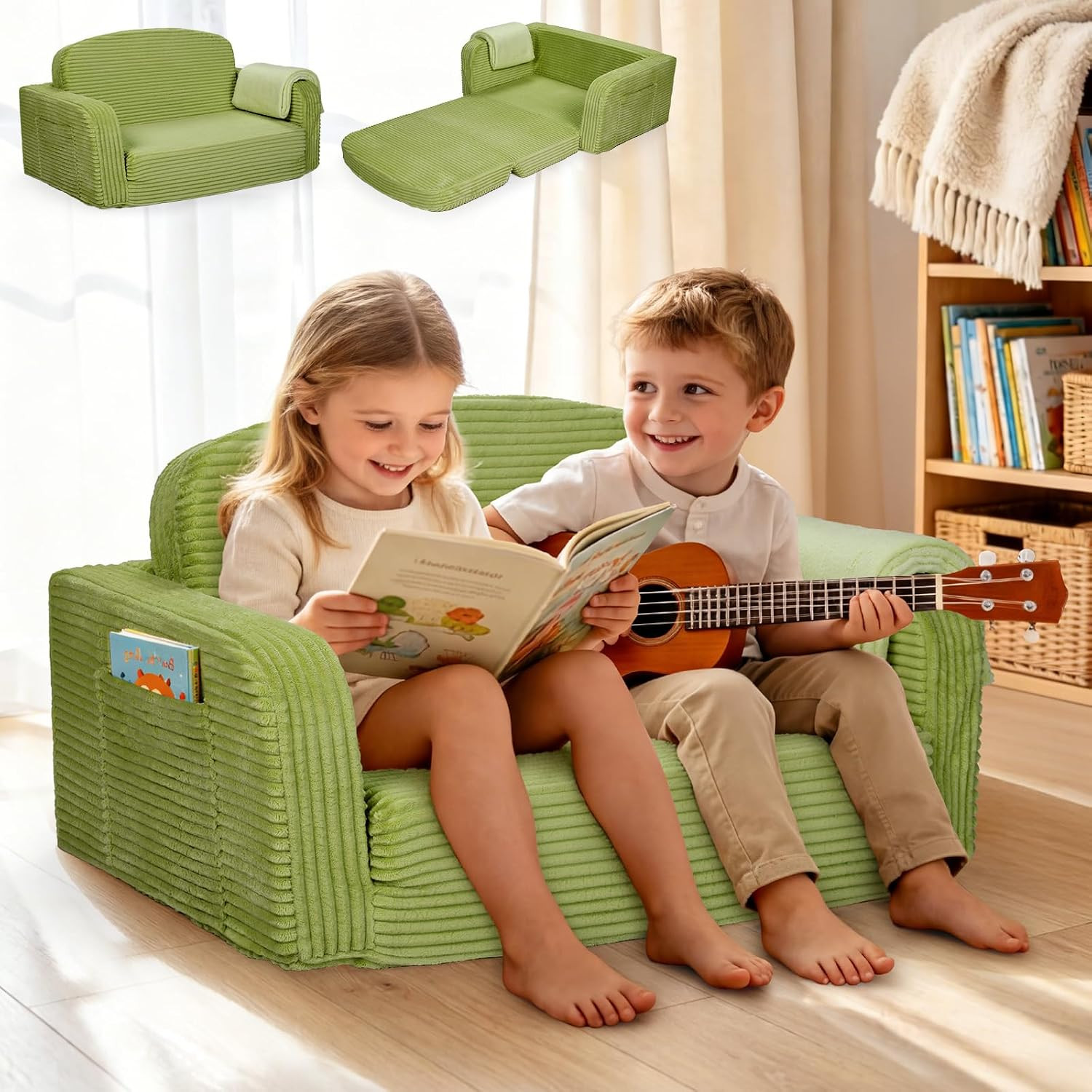 Extra Wide 2-In-1 Convertible Kids Couch | Large Corduroy Toddler Sofa Chair wit
