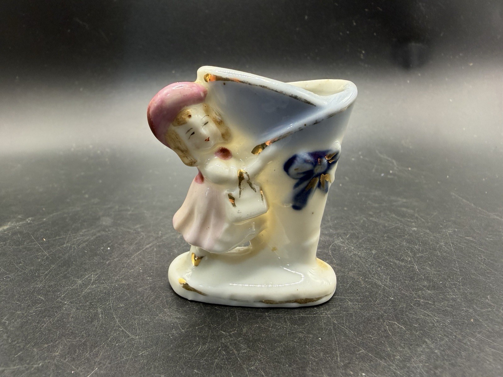 Vintage Japan Porcelain Girl Bonnet Miniature Planter Toothpick Holder 3 Inch 