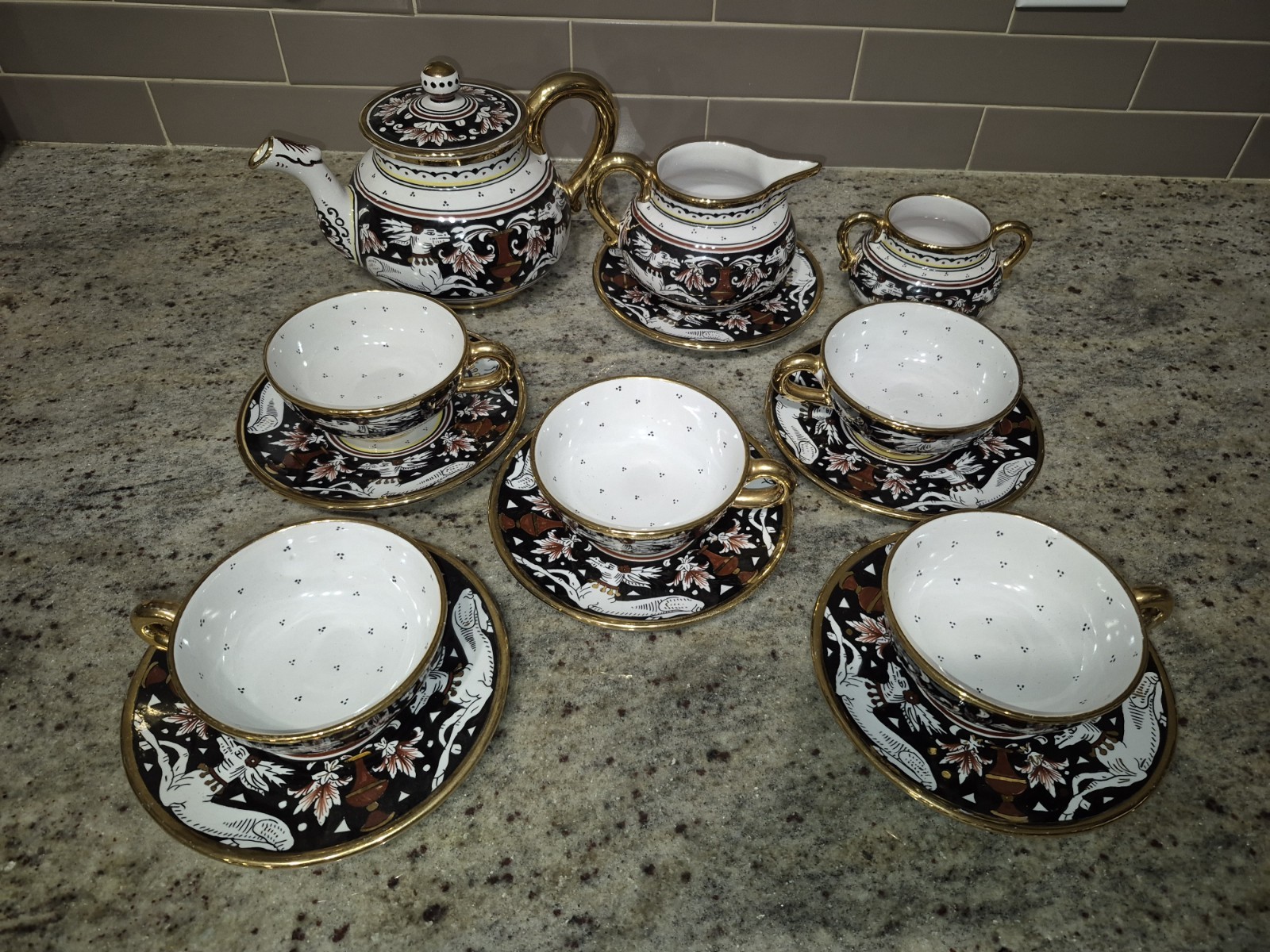 Vintage Labor Deruta Italy Porcelain Tea Set Hand Painted Black Gold 13 Pc