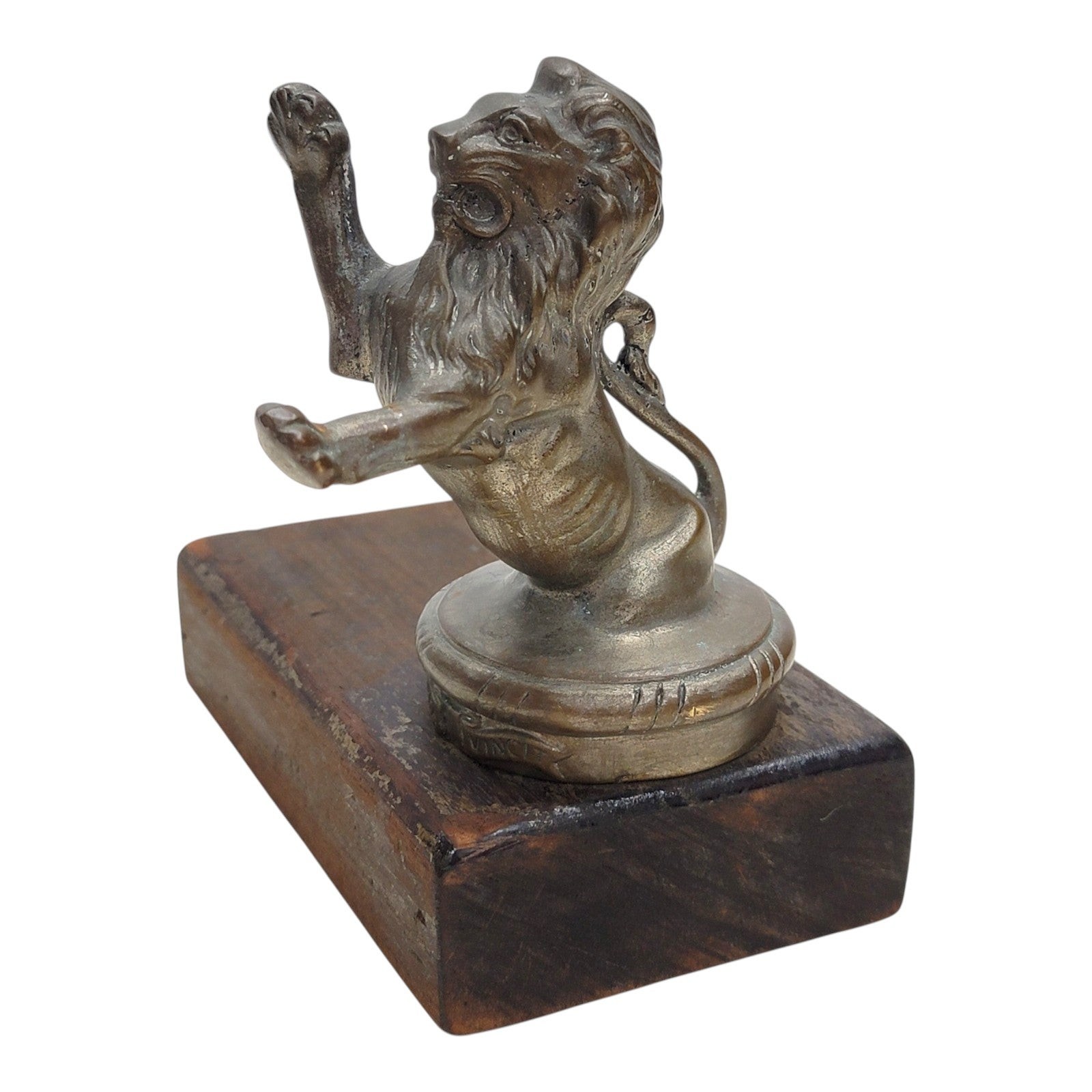 1920s Franklin Lion Hood Ornament Aura Vincit DE-PAT-73161 Mascot Wood Base