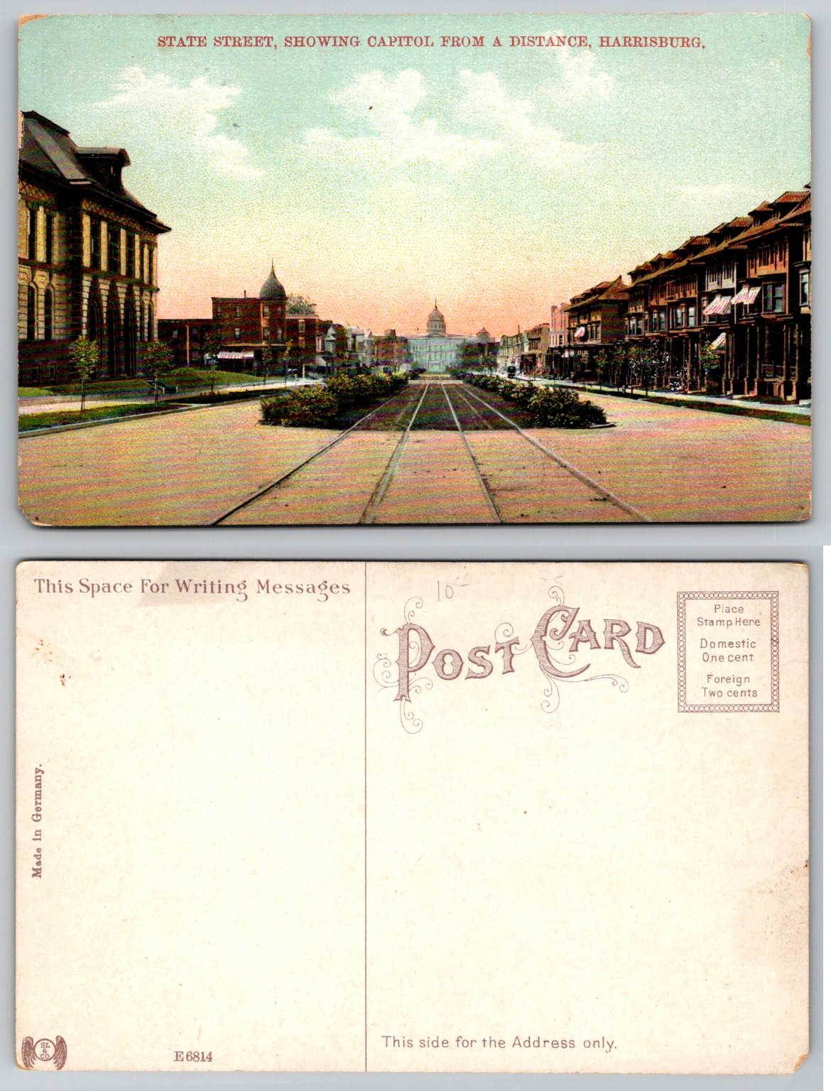 Harrisburg PA State Street Capitol Building Trolley Tracks Postcard c1907-1914