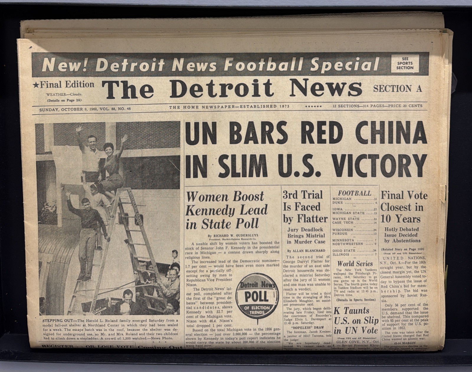 1960 DETROIT NEWS NEWSPAPER KENNEDY NIXON POLL COLD WAR UN RED CHINA OCT 2, 1960