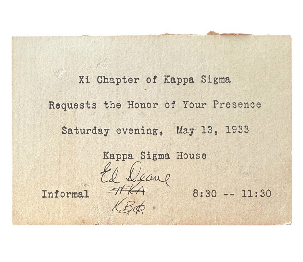 1933 Kappa Sigma House Request The Honor Of Your Presence Invitation Card