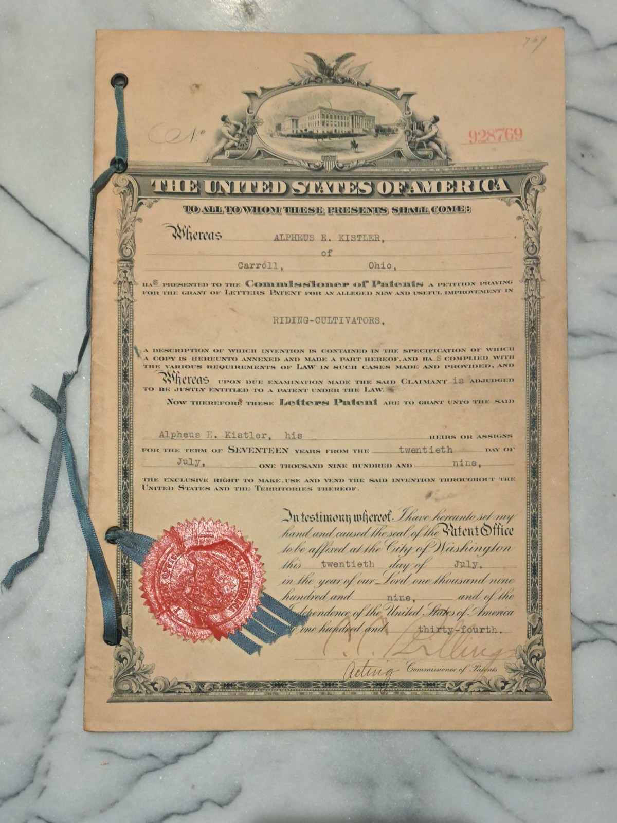 Genuine US Patent 928,769 from July 1909 titled “Riding-Cultivators”
