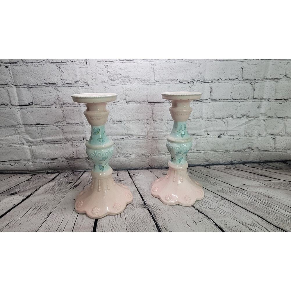 Tracy Porter Hand Painted Waterlily Candlestick Holders French Country Candle