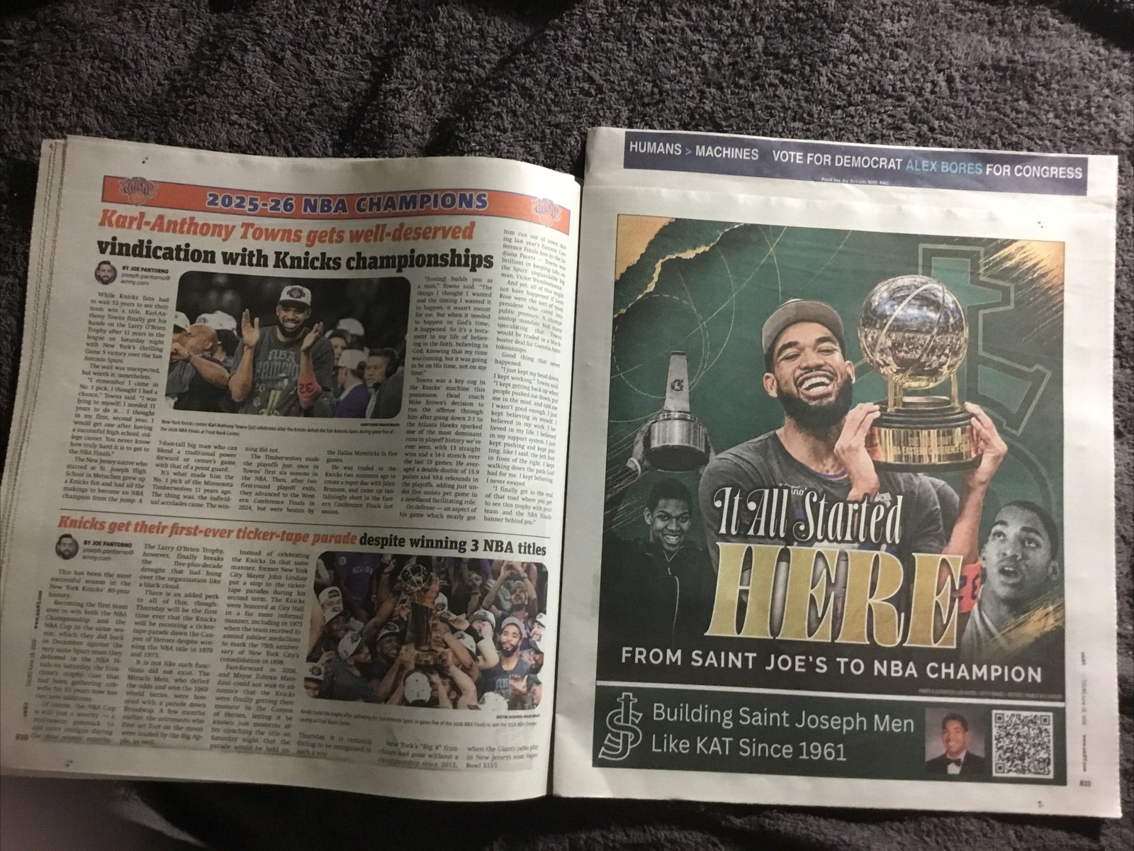 Karl-Anthony Towns FROM SAINT JOE’S TO NBA CHAMPION a page in newspaper 6/18/26