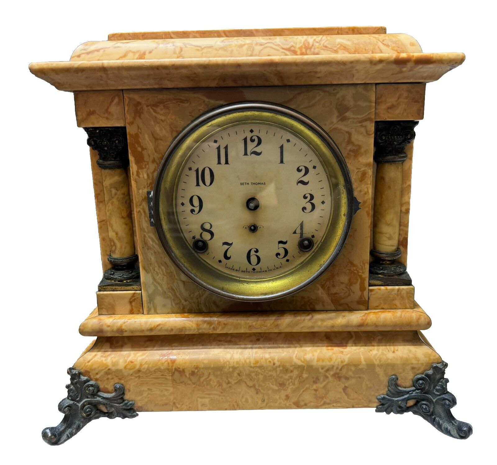 Seth Thomas Cream & Rust Adamantine 2 Column Mantle Clock with 89C Movement RARE