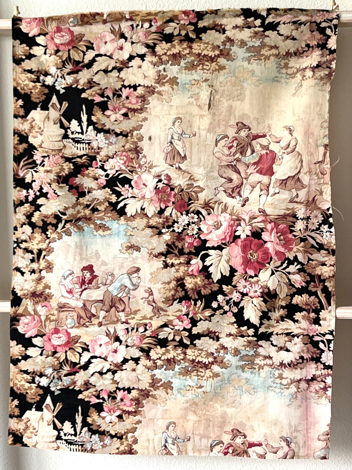 Antique 19th C French Fabric Pink Roses Romantic Flowers Dancing Farmhouse
