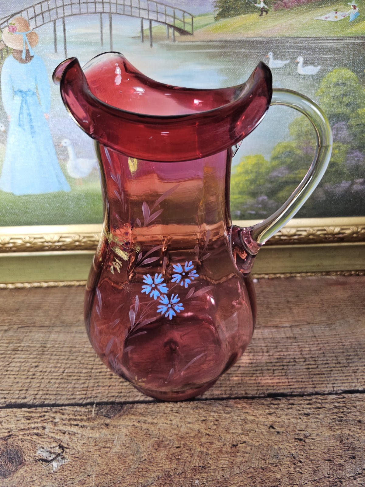 Antique Victorian Handpainted Floral Cranberry W/ Clear Handle Glass Pitcher,...