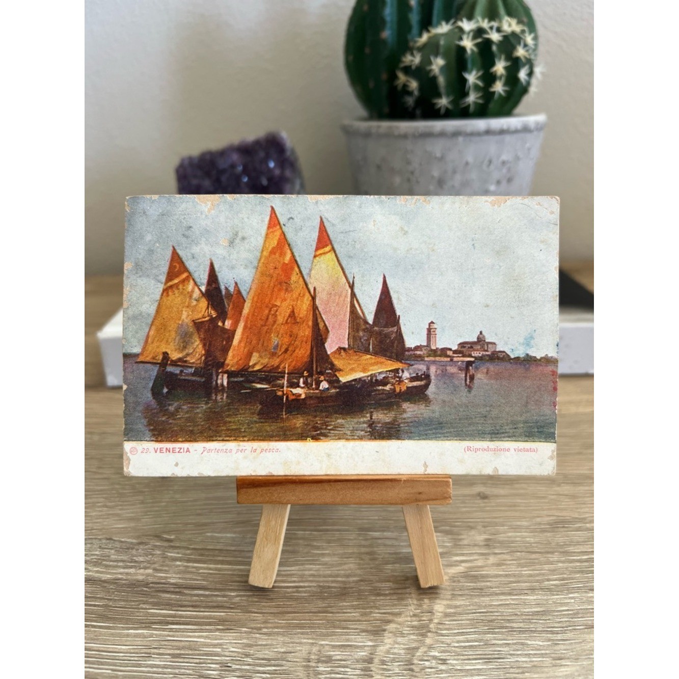 Antique Venice Italy Fishing Boats Postcard Venezia Sailboats Italian Stamp